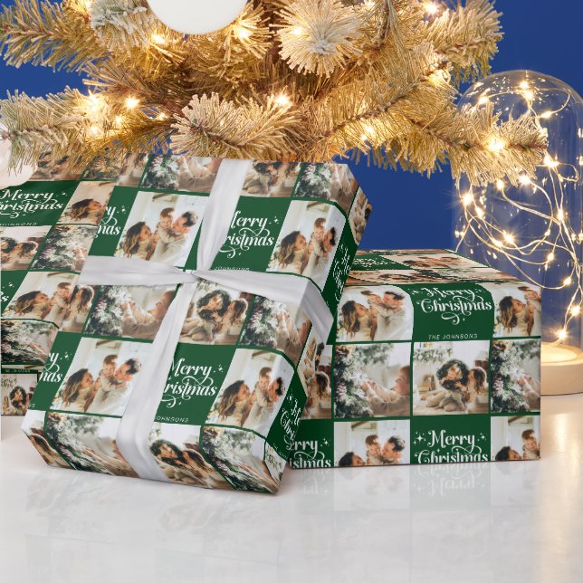 Green Retro Merry Christmas Family 3 Photo Collage Wrapping Paper (Holidays)
