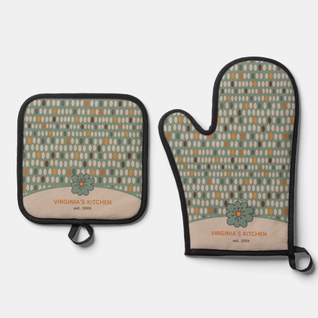 Green Retro Ovals Pattern Personalised Oven Mitt & Pot Holder Set (Front)