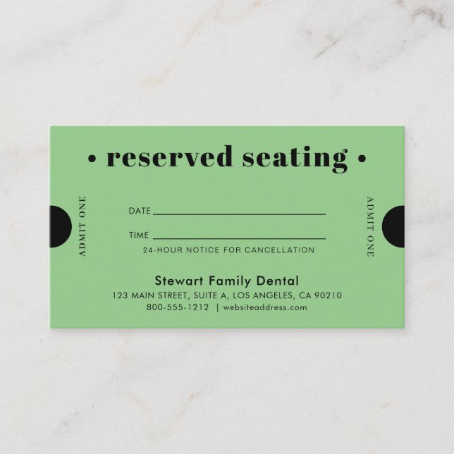 Green Retro Reserved Seating Dental Appointment Card (Front)
