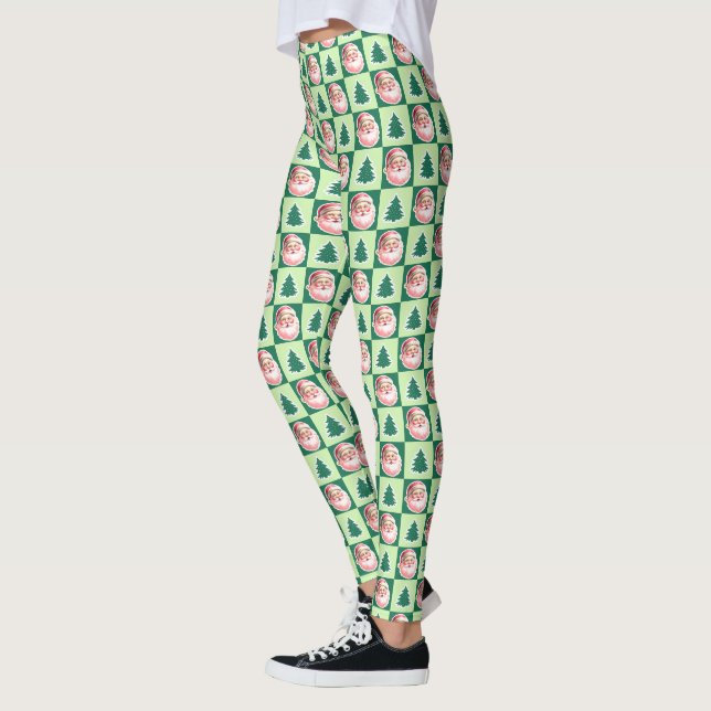 Green Retro Santa Claus Christmas Tree Plaid Leggings (Left)