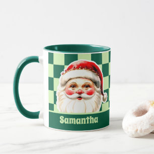 Green Retro Santa Green Tartan Plaid Christmas Mug