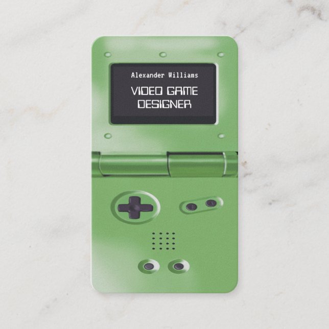 Green Retro Style Gaming Console Game Designer Business Card (Front)