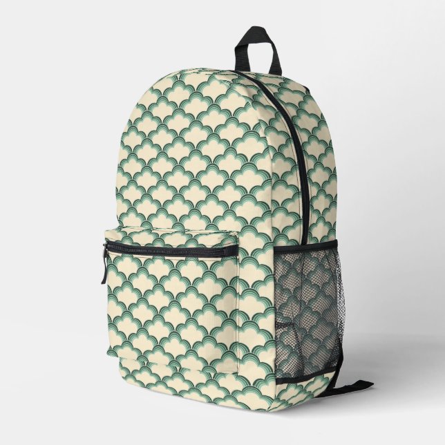Green retro style waves pattern printed backpack (Back Corner Right)