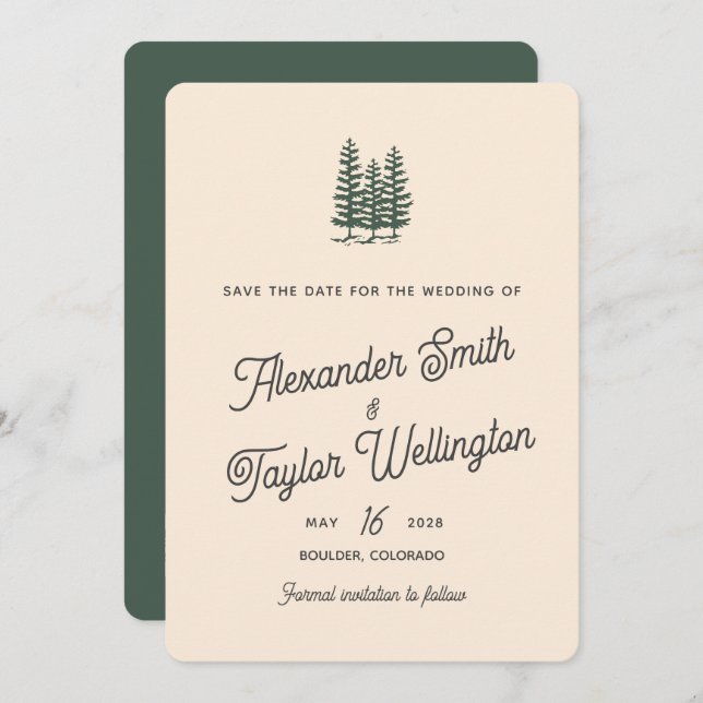 Green Retro Trees QR Code Mountain Wedding Save The Date (Front/Back)