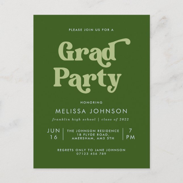 Green Retro Type Grad Party Invitation Postcard (Front)