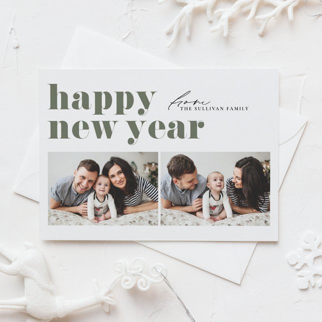 Green Retro Typography Happy Holidays Two Photo Holiday Postcard (Green Retro Typography Happy Holidays Two Photo Holiday Postcard)