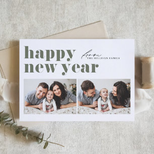 Green Retro Typography Happy New Year Two Photo Holiday Card