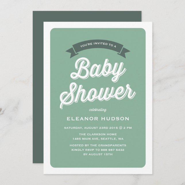 Green Retro Typography Script Classic Baby Shower Invitation (Front/Back)
