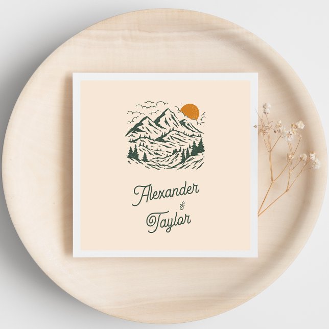 Green Retro Vintage Mountain Landscape Wedding Napkin (Creator Uploaded)