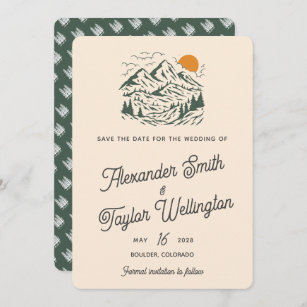 Green Retro Vintage Mountain Landscape Wedding Save The Date