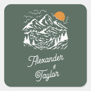 Green Retro Vintage Mountain Landscape Wedding Square Sticker