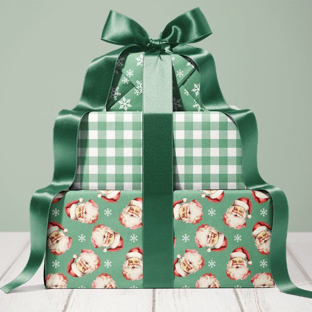 Green Retro Vintage Santa Christmas Wrapping Paper Sheet (Creator Uploaded)