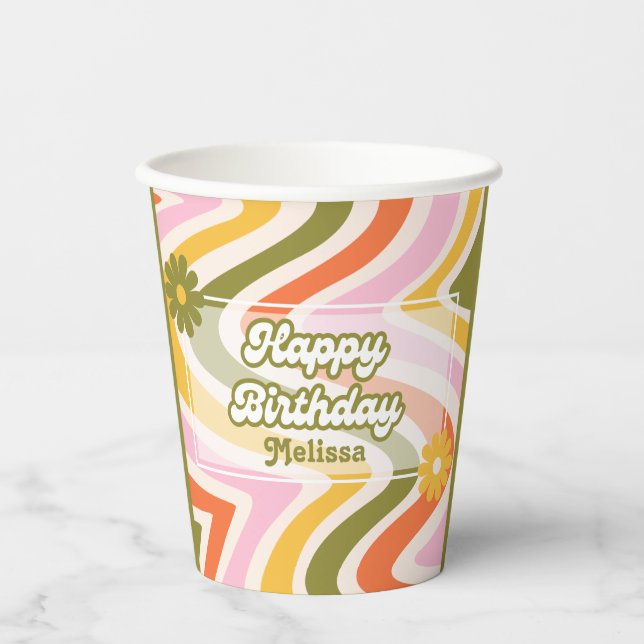 Green Retro Wave Groovy Flower 40th Birthday  Paper Cups (Front)