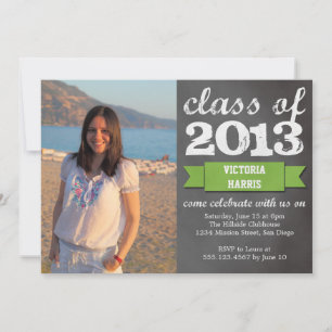Green ribbon banner chalkboard photo graduation invitation