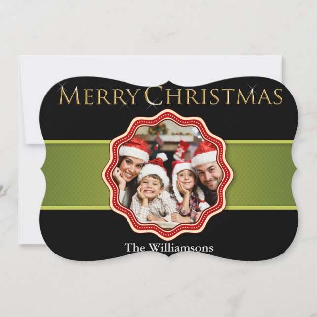 Green Ribbon Christmas Medallion Photo Fancy Holiday Card (Front)