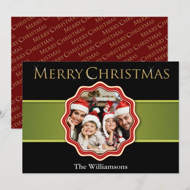 Green Ribbon Colourful Christmas Medallion Photo Holiday Card (Front/Back)