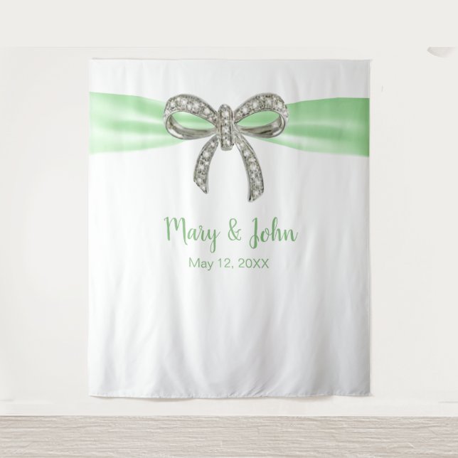 Green Ribbon Diamond Bow Wedding Backdrop Tapestry (Front)