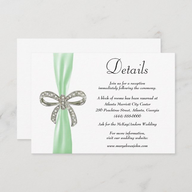 Green Ribbon Diamond Bow Wedding Details Enclosure Card (Front/Back)