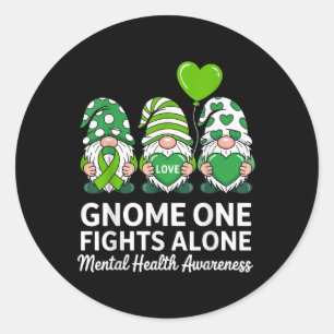 Green Ribbon Gnome One Fights Alone Mental Health Classic Round Sticker