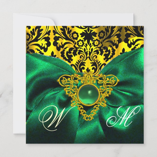 GREEN RIBBON GOLD CELTIC HEART  DAMASK MONOGRAM INVITATION (Front)