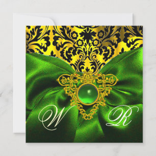 GREEN RIBBON GOLD CELTIC HEART DAMASK MONOGRAM INVITATION