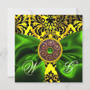GREEN  RIBBON GOLD YELLOW  BLACK  DAMASK MONOGRAM INVITATION