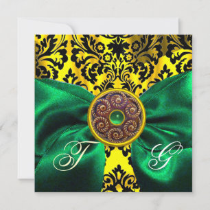 GREEN RIBBON GOLD YELLOW BLACK DAMASK MONOGRAM INVITATION