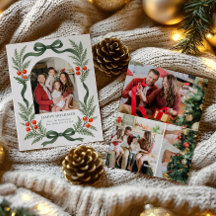 Green Ribbon Holiday Card with Photo Grid on Back