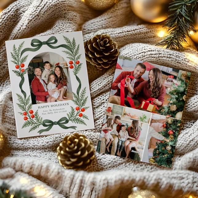 Green Ribbon Holiday Card with Photo Grid on Back (Creator Uploaded)