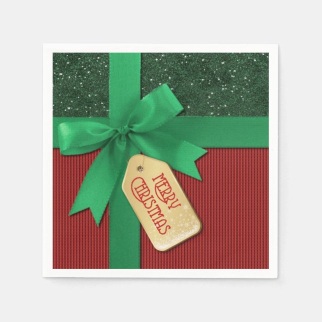 Green Ribbon Merry Christmas Gift Napkins (Front)