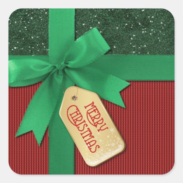 Green Ribbon Merry Christmas Gift Square Sticker (Front)