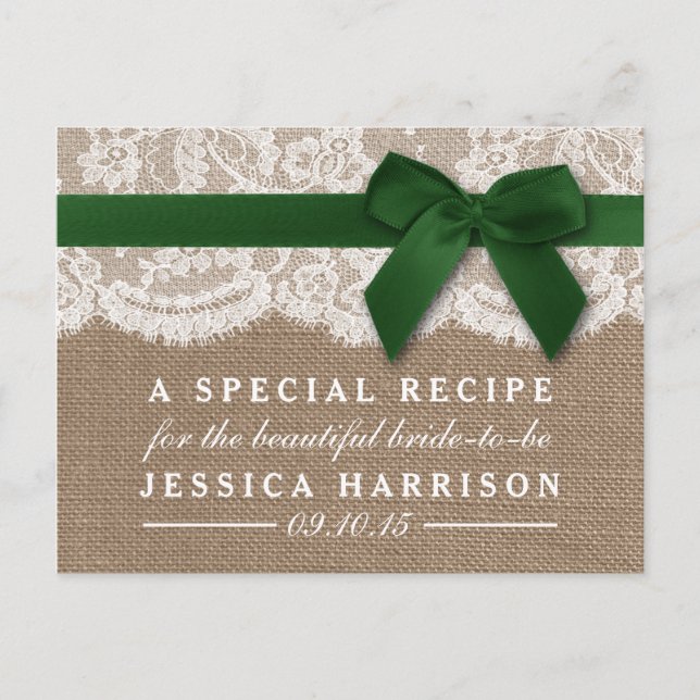 Green Ribbon On Burlap & Lace Bridal Shower Recipe Invitation Postcard (Front)