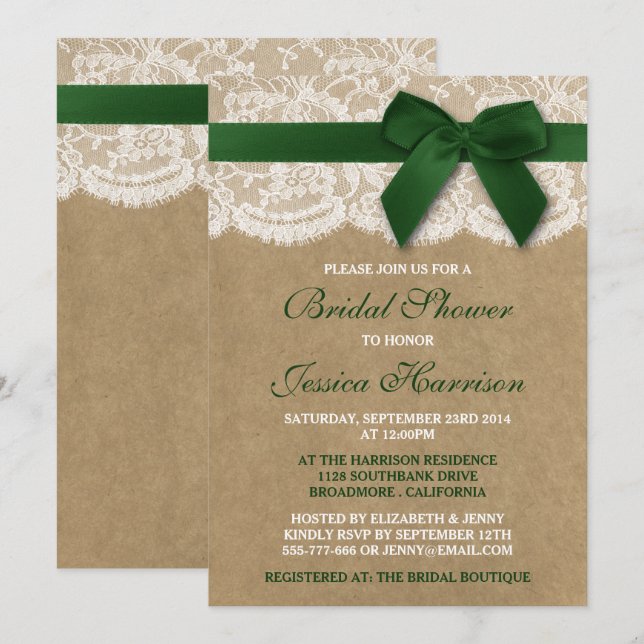 Green Ribbon On Kraft & Lace Bridal Shower Invitation (Front/Back)