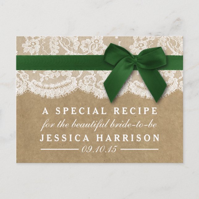 Green Ribbon On Kraft & Lace Bridal Shower Recipe Invitation Postcard (Front)