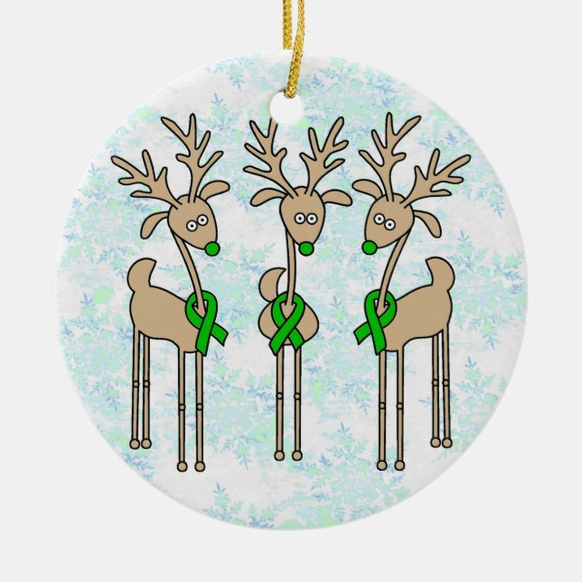 Green Ribbon Reindeer (Liver Cancer) Ceramic Tree Decoration (Front)