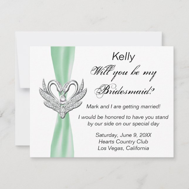 Green Ribbon Silver Swans Bridesmaid Card (Front)