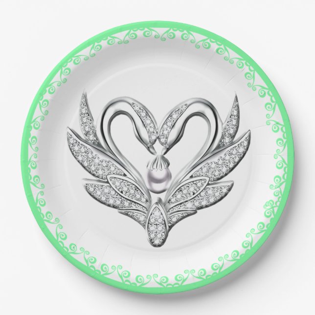 Green Ribbon Silver Swans Paper Plate (Front)
