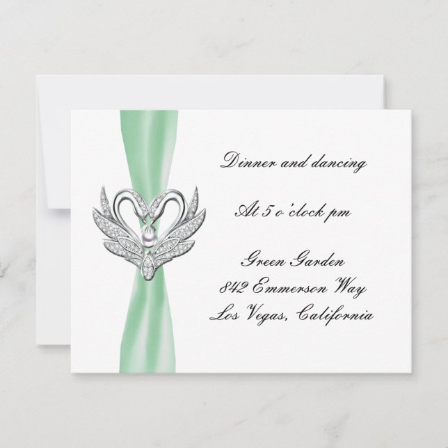 Green Ribbon Silver Swans Reception Card (Front)