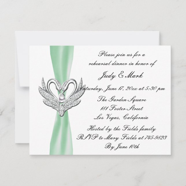 Green Ribbon Silver Swans Rehearsal Dinner Invite (Front)