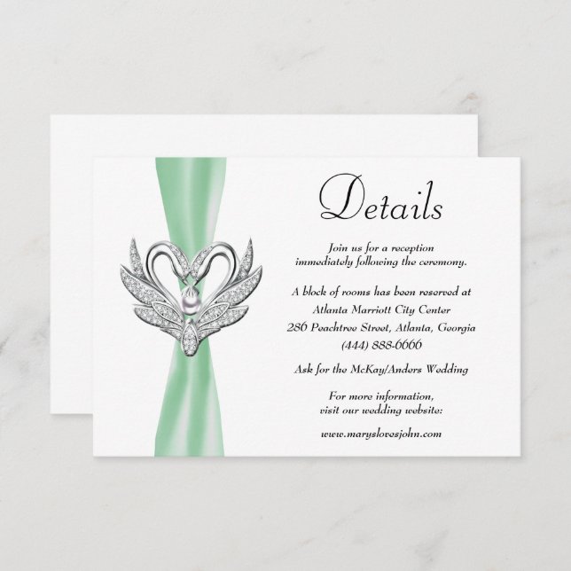 Green Ribbon Silver Swans Wedding Details Enclosure Card (Front/Back)