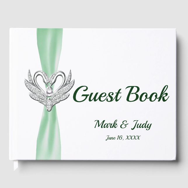 Green Ribbon Silver Swans Wedding Guestbook (Front)