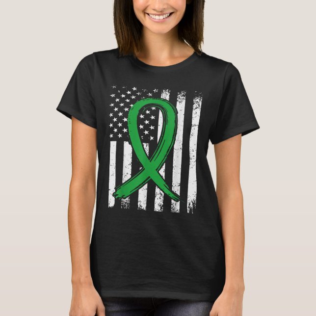 Green Ribbon Us Flag Mental Health Awareness  T-Shirt (Front)