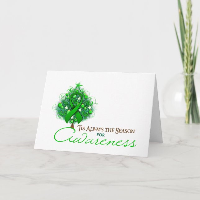 Green Ribbon Xmas Awareness Season Holiday Card (Front)