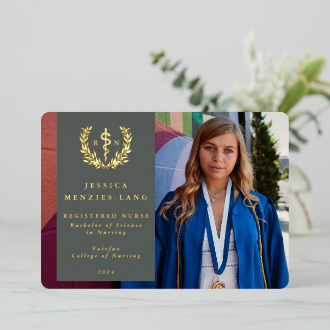 Green RN Asclepius Graduation Photo Announcement (Standing Front)