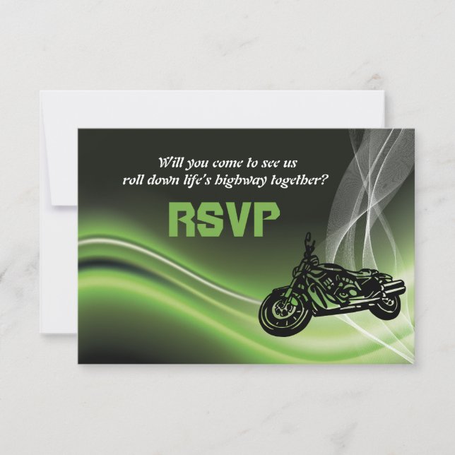 Green road biker/motorcycle wedding RSVP response (Front)