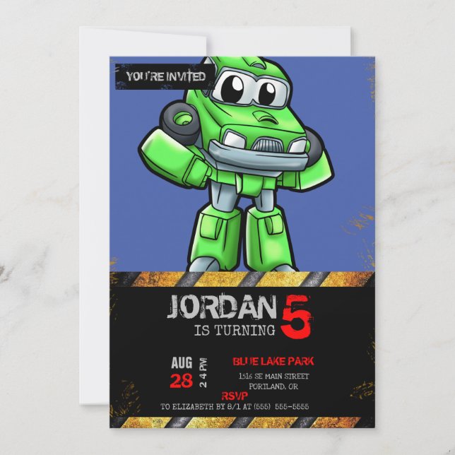 Green robot car cartoon - Choose background colour Invitation (Front)