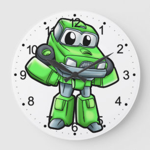 Green robot car cartoon - Choose background colour Large Clock