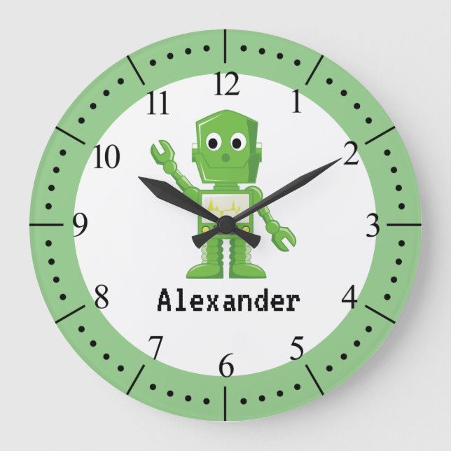Green robot children illustration large clock (Front)