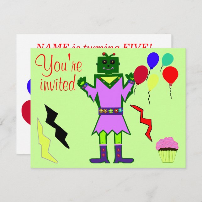 Green Robot Girl and Balloons Cupcakes Birthday Invitation (Front/Back)