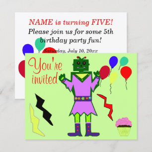 Green Robot Girl Balloons Cupcake Birthday Any AGE Invitation